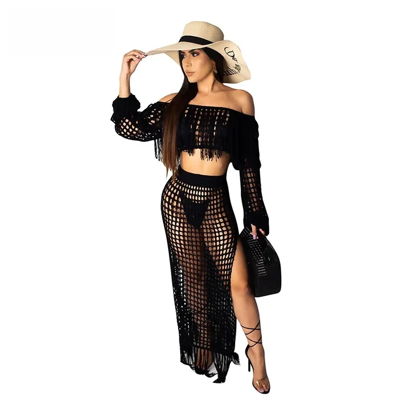 Stigende Long Sleeve Crochet 2 Piece Cover Up Set Women Hollow Out Beach Swimwear Off Shoulder Tassel Crop Top and Split Skirt — zdjęcie 2