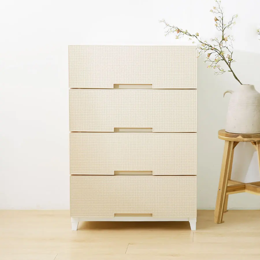 MADE-ME wide 4 chest of drawers, rattan pattern plastic assembly storage cabinet dresser organizer for living room, dress room closets wardrobe and bedroom.