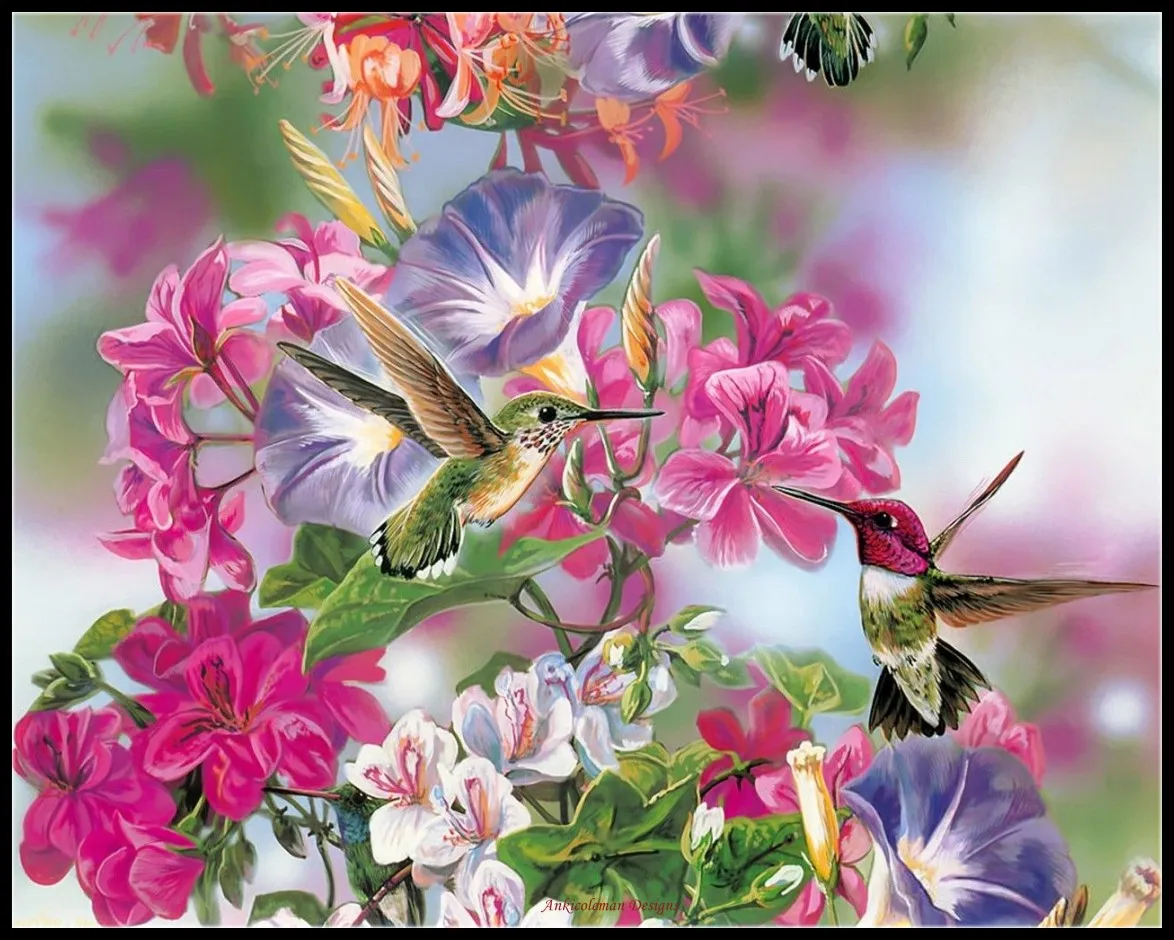 Spring Flowers Attract Hummingbirds - Counted Cross Stitch Kits - DIY Handmade Needlework Embroidery 14 CT Aida Sets DMC Color