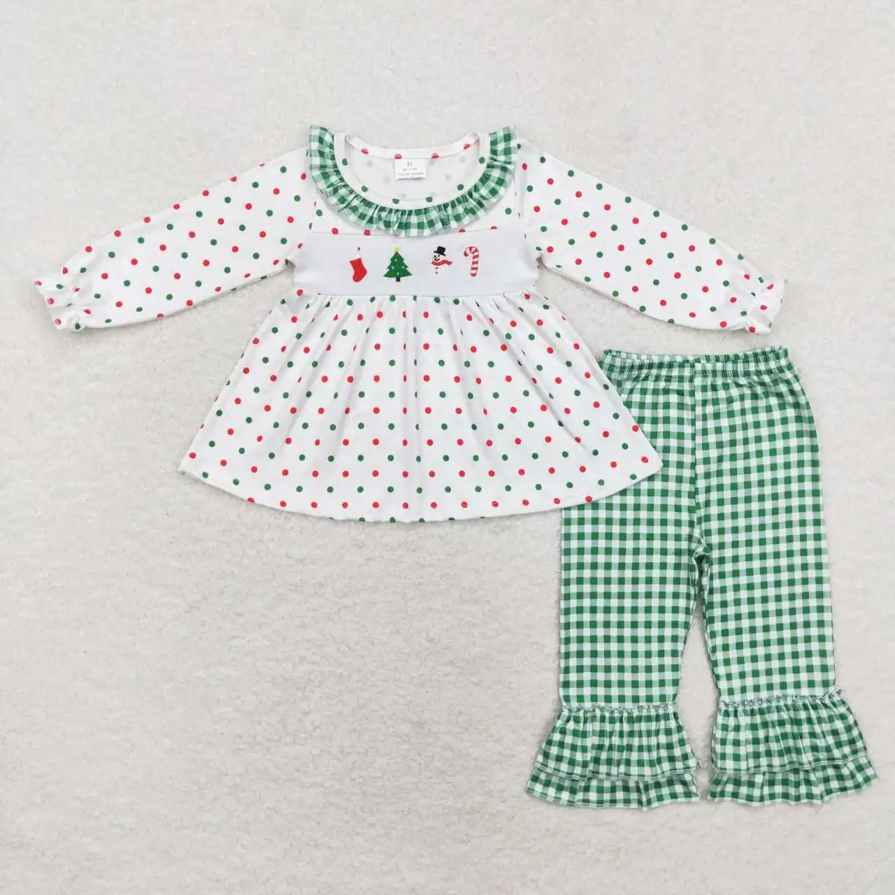 Match Baby Girls Boys Embroidery Christmas Tree Snowman Cane White Long Sleeve Green Set Wholesale Boutique Children Clothes