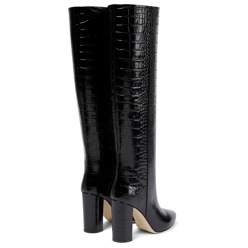 Trendy Crocodile PU Black Grey Ladies Chunky Shoes Heels Women Boots Pointed Toe 13cm Winter Knee High Boots