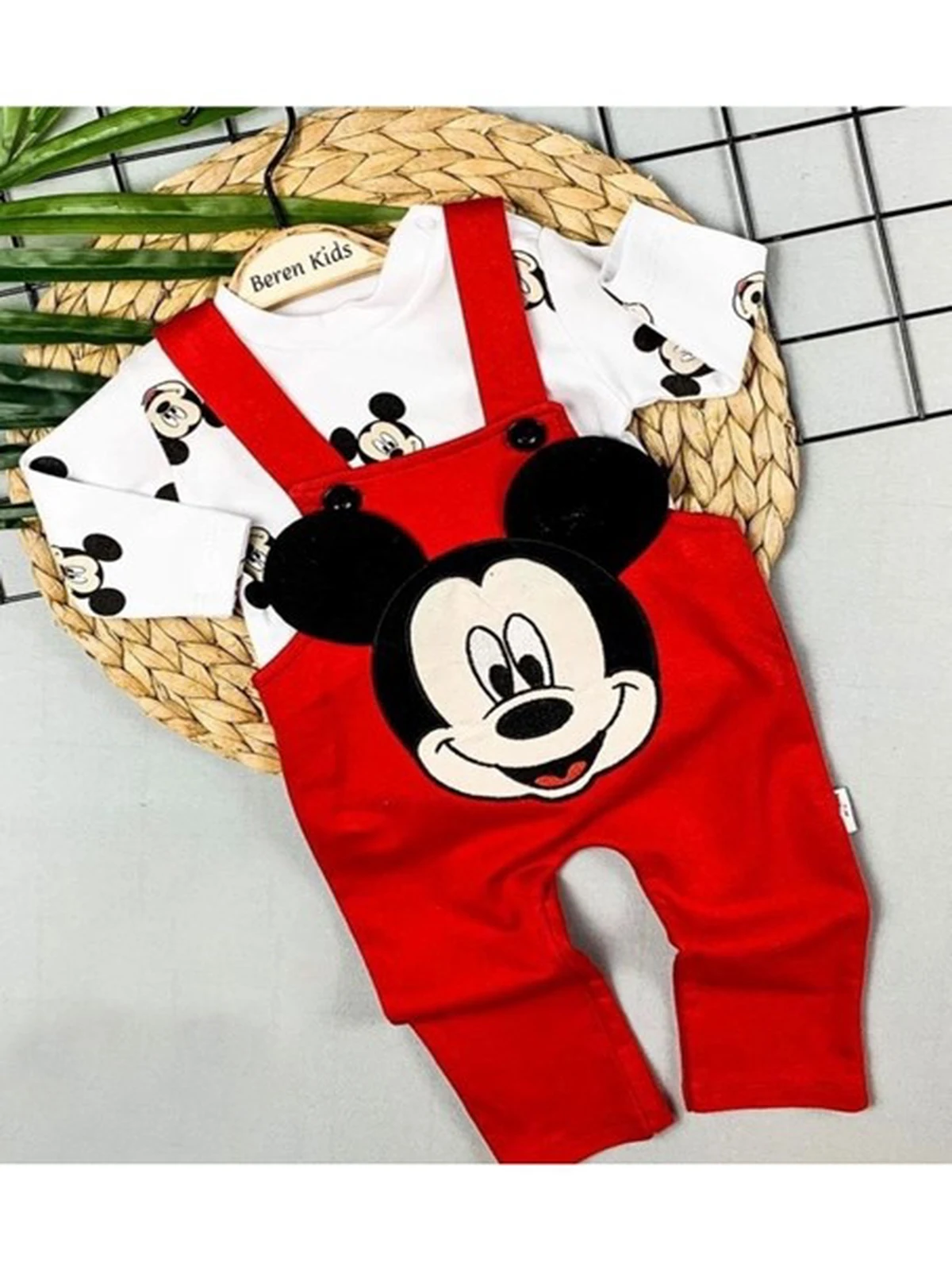 2 Piece Cotton Baby Slopet Suit Red Miki Patterned Suspended Pants Body Set Free And Fast Shipping