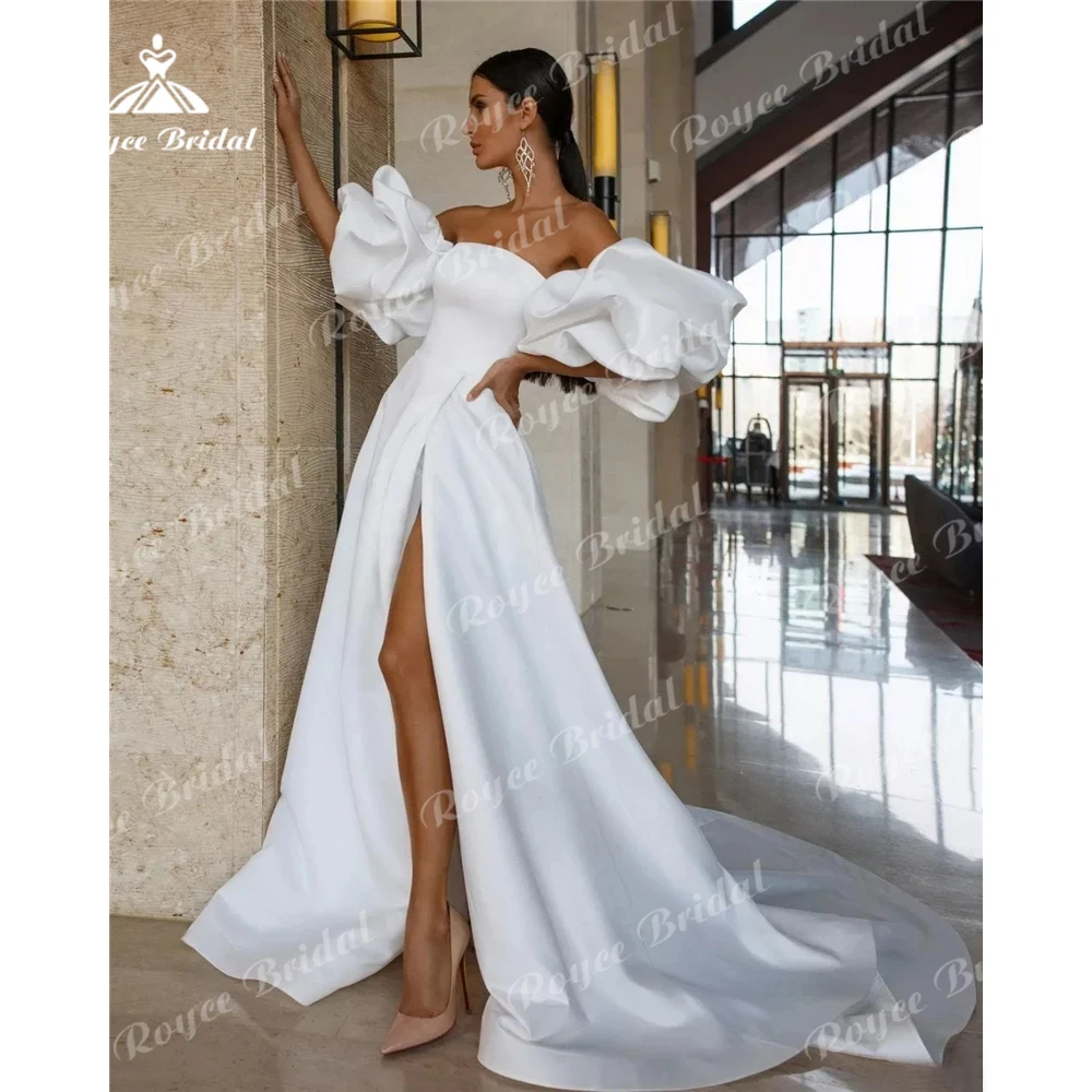 Sexy High Slit Satin Wedding Dresses with Detacbable Sleeves A-line Strapless Bridal Dress Court Train Couture Mariage 2024 Robe