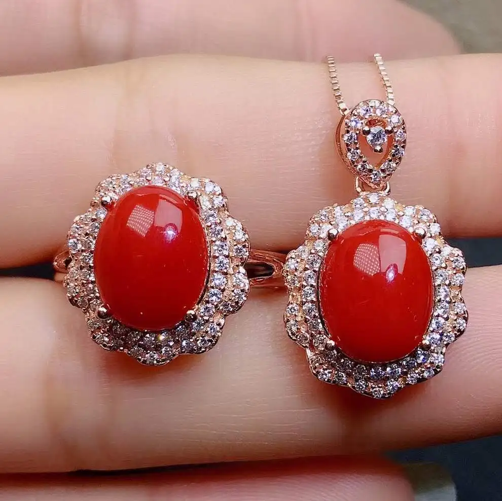 KJJEAXCMY Fine Jewelry 925 Sterling silver natural Red Coral Gemstone Korean women's Ring Pendant set send girlfriend birthday w view 2