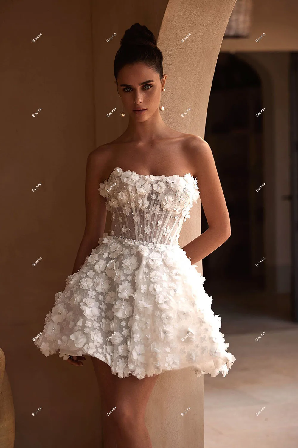 Booma-Robe de mariée courte A-ligne, robes de soirée de mariage, hors initié, fleurs 3D, robe de mariée en dentelle avec poignées, train amovible, tout ce qui est personnalisé