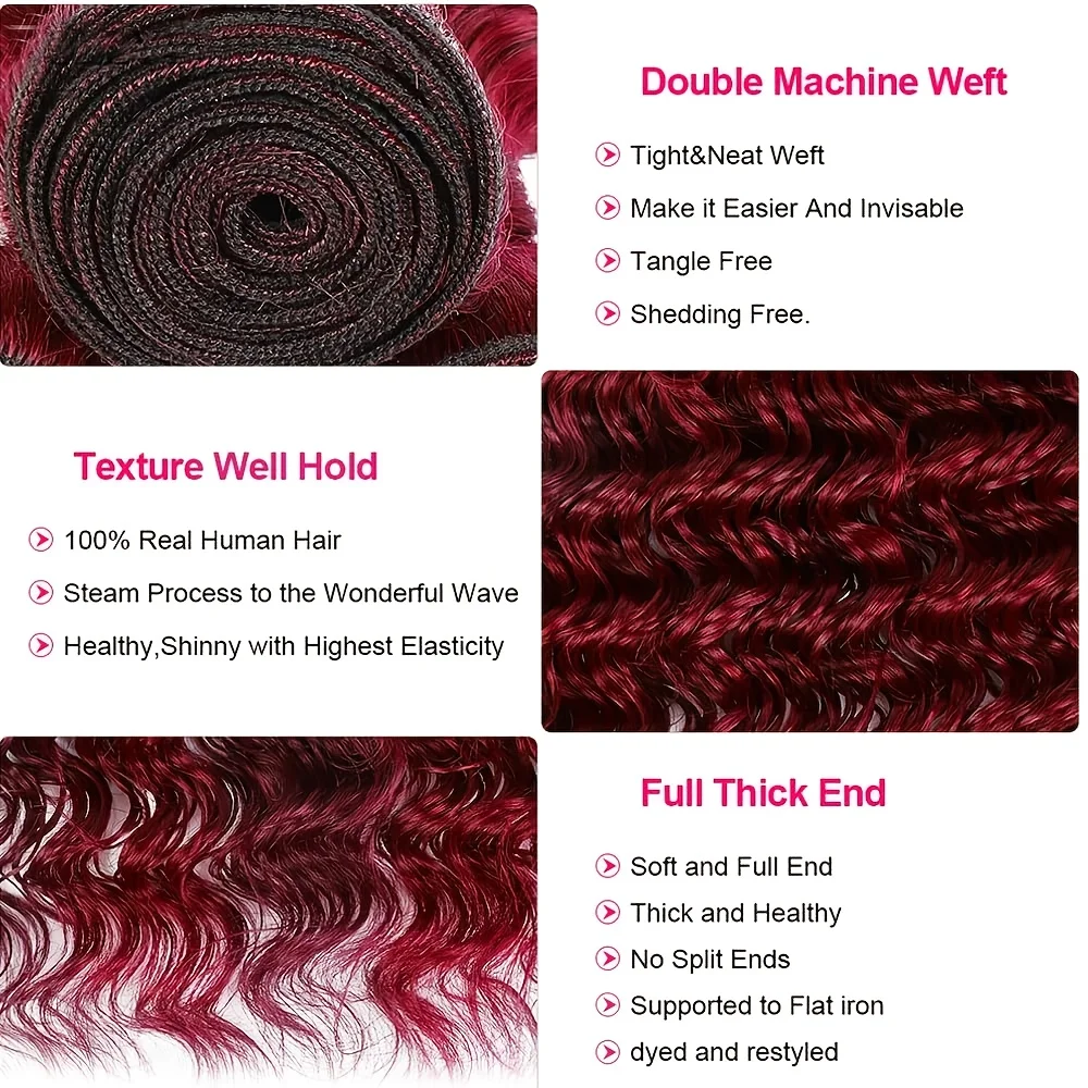 #99J Deep Wave Human Hair 1 3 Bundles Brazilian Remy Hair Weave Burgundy Real Unprocessed Virgin Hair Extensions Red Hair Bundle