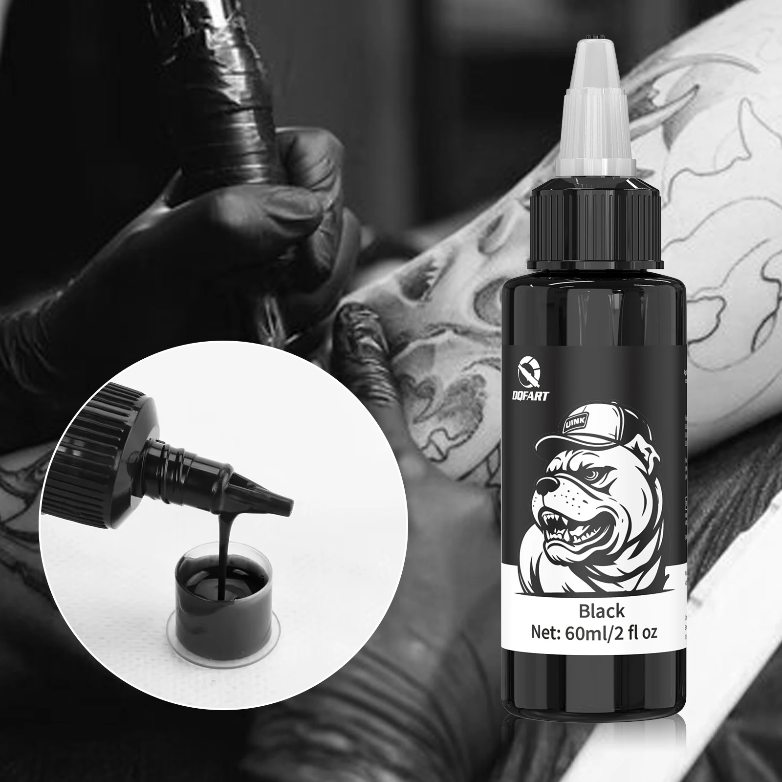 DQFART 60 ml/Flasche, schwarzes Tattoo-Tintenset, professionelles Tattoo-Pigment, Haut- und Körperkunst-Tattoo-Tinte für Tattoo-Zubehör – Detail 6