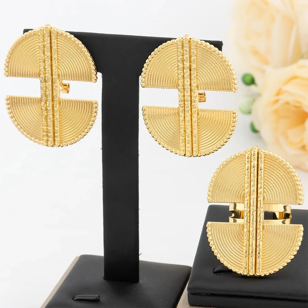 YM Ensemble de Bijoux en Or pour Femme, Boucles d'Oreilles Géométriques, Bague Réglable, Ornement de Mariage Africain, Cadeaux, Accessoires, 2 Pièces 3