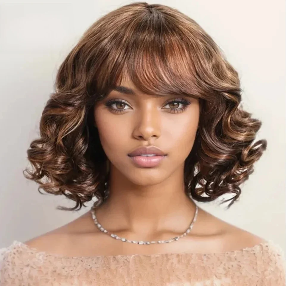 Perruque Bob Brésilienne Naturelle Remy, Cheveux Courts, Sans Colle, à Reflets Élégants, avec Frange, P4/30/27