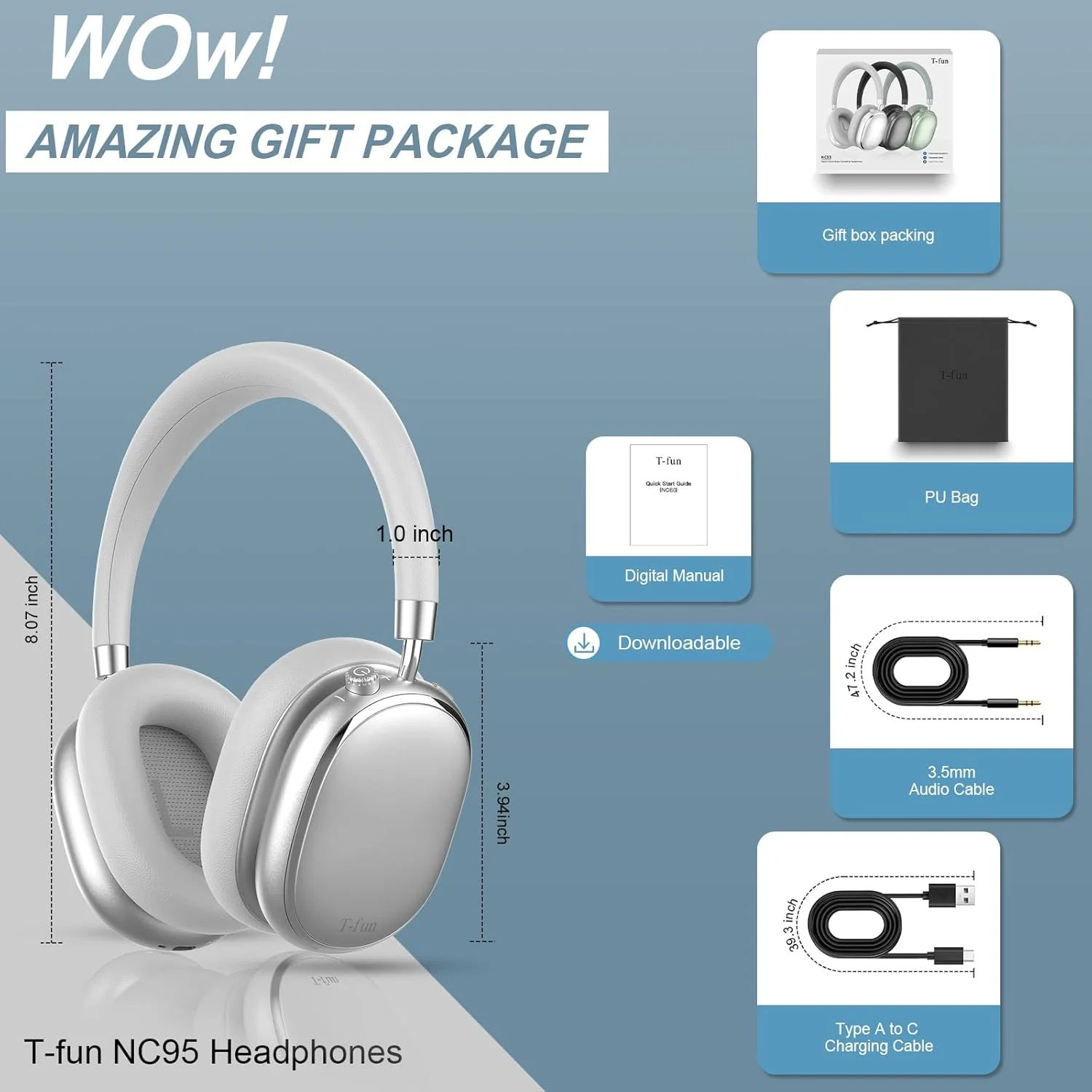 T-fun NC95 Bluetooth Hybrid Active Noise Cancelling Headphones, Built-in Mic, 65H Playtime, App Control, Hi-Res Audio