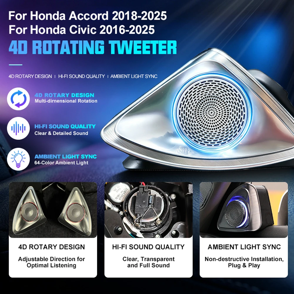 4D Rotating Tweeter Speaker For Honda Accord Civic Inspire Integra 2016-2025 RGB Ambient Light Auto Rising Car Audio OEM Upgrade