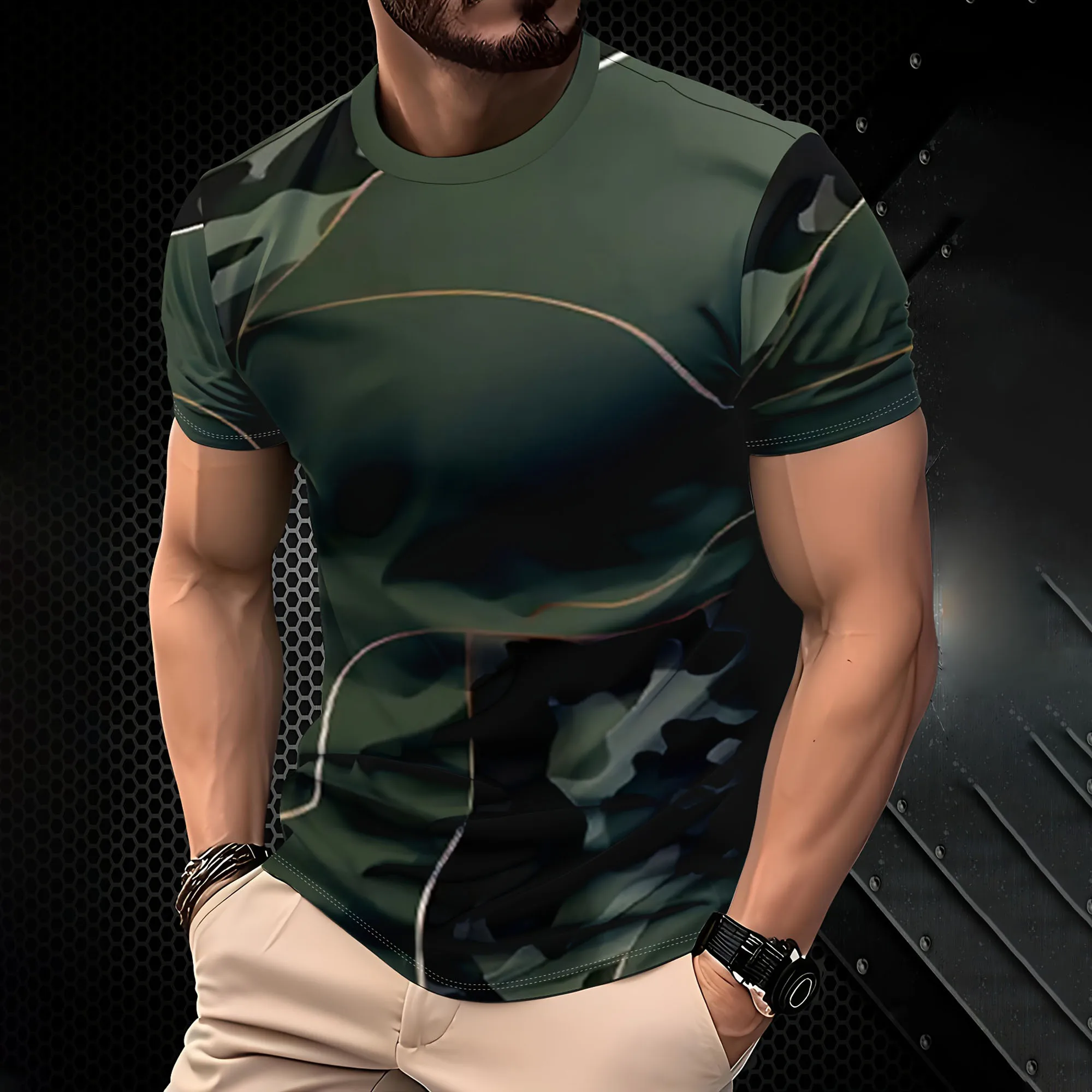 Herren Taktisches Sport-T-Shirt Dunkel-Oliv Camo Curve Line Print Hochelastisch Schnelltrocknend Camping Fitness Kurzarm-Oberteil