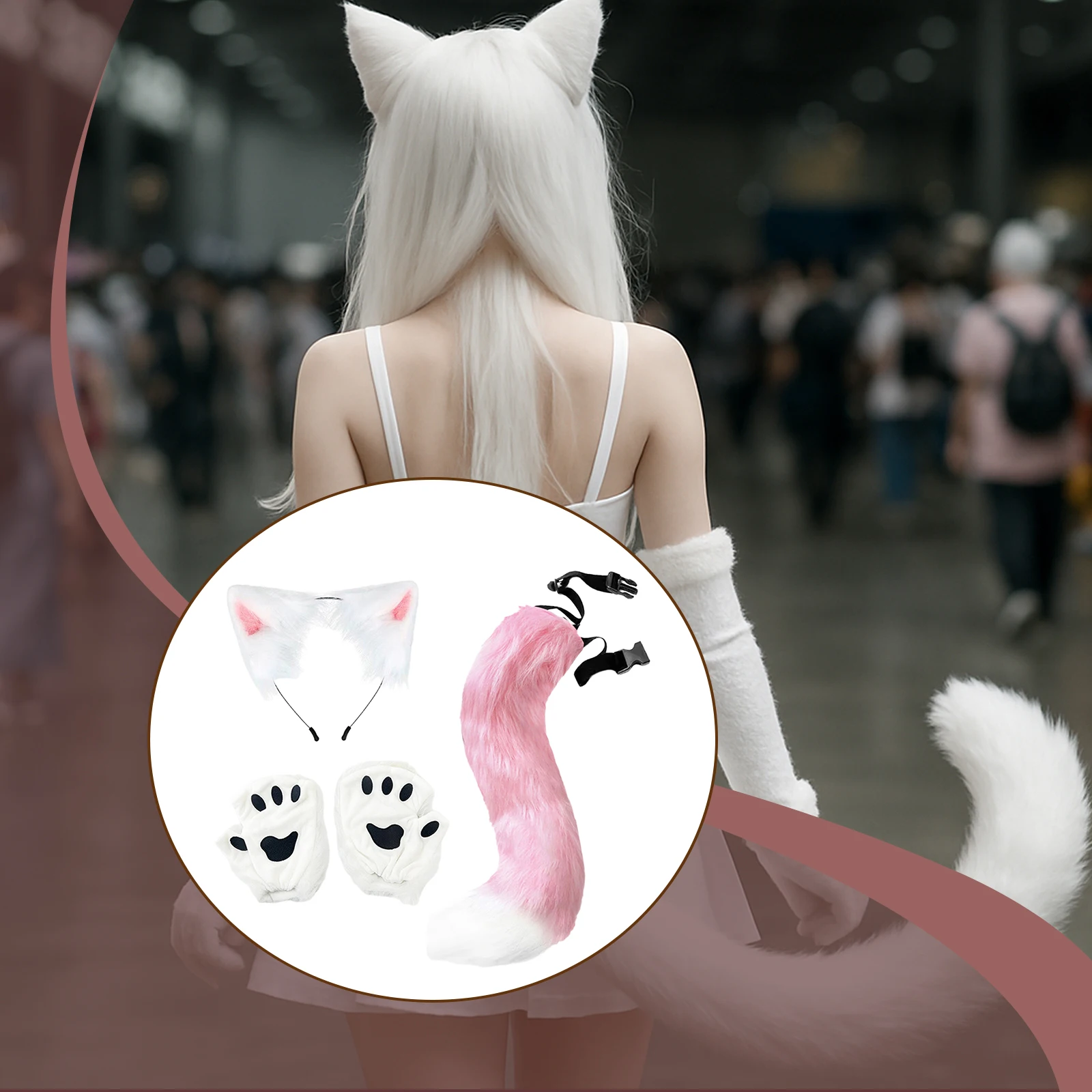 Animal Foxes Cat Costume Set Headband with Matching Tail  Paw Gloves for Cosplay Lolita Kawaii Theme Party Fancy Dress Up