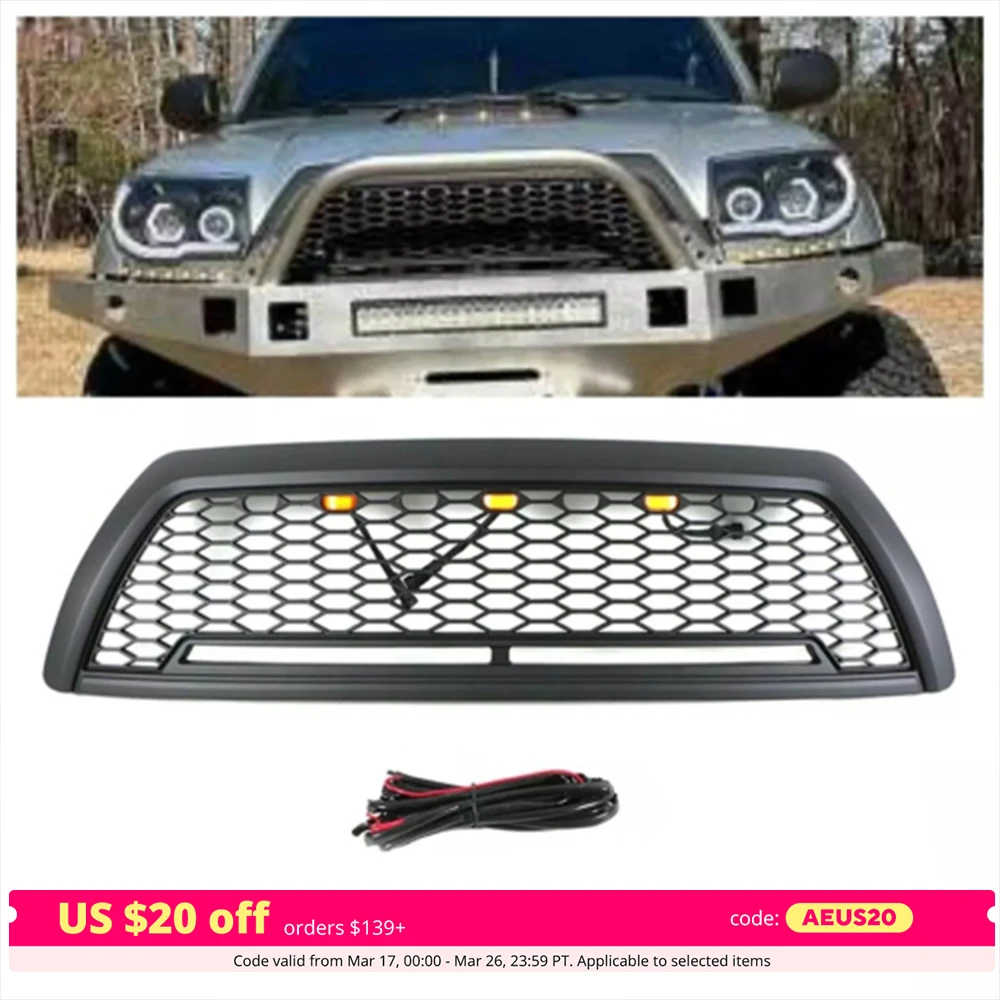 Black Front Grille Fits For Toyota 4 Runner 2006-2009 Honeycomb Grill with Light