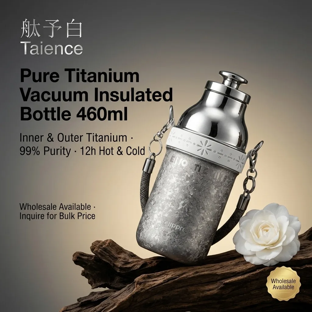 Taience Titanium Water Bottle 460ml Vacuum Insulated Thermos with Telescopic Straw Leak Proof Gift Box for Travel Outdoor