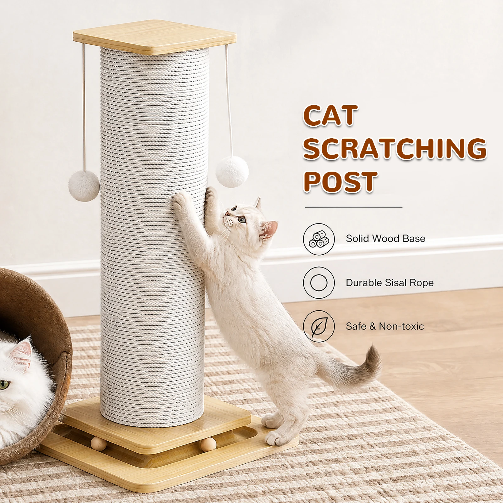 Tiragraffi per gatti in sisal, 60/80 cm, struttura verticale per arrampicarsi, con pallina da appendere, tiragraffi in legno, base larga, fibra naturale di sisal per gatti, ideale per tirare e