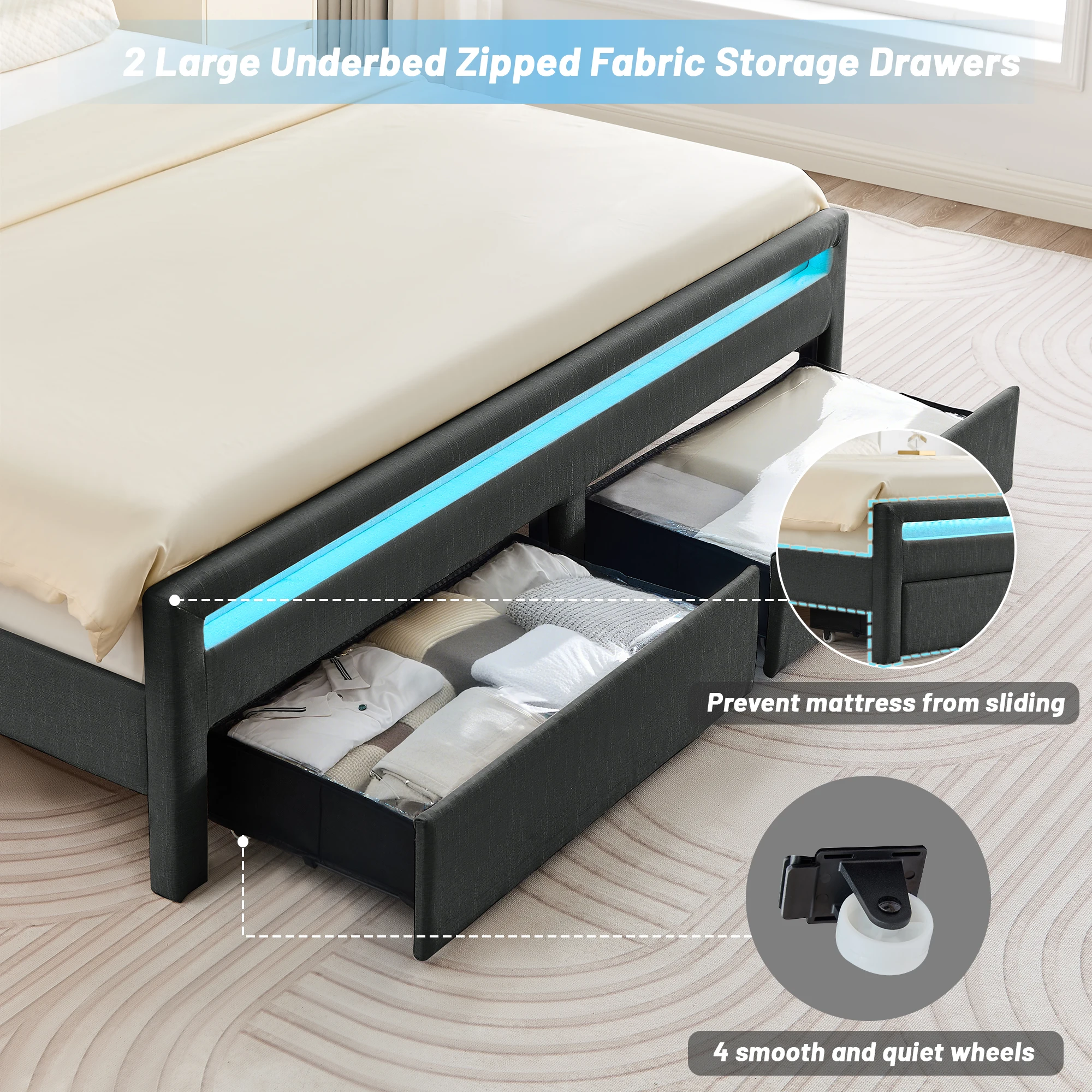 إطار سرير LED مع أدراج تخزين ولوح أمامي لخزانة الكتب، منصة منجدة مع محطة شحن، أسود/أبيض/رمادي/كريمي