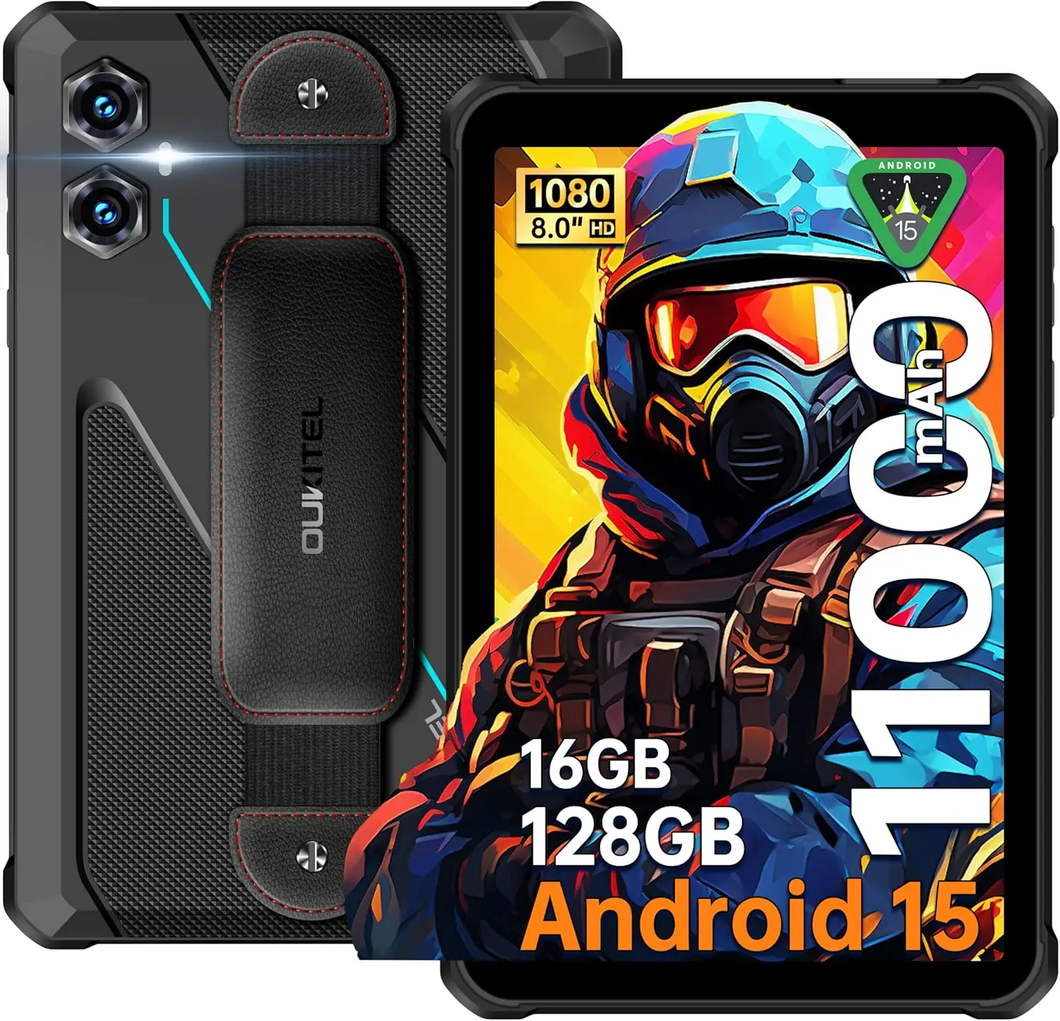 OUKITEL RT3 Plus Robustes Android 15 Tablet, 16GB+128GB 1TB Erweiterbar Wasserdichte Tablets, 8 Zoll HD-Display, 1100mAh Akku