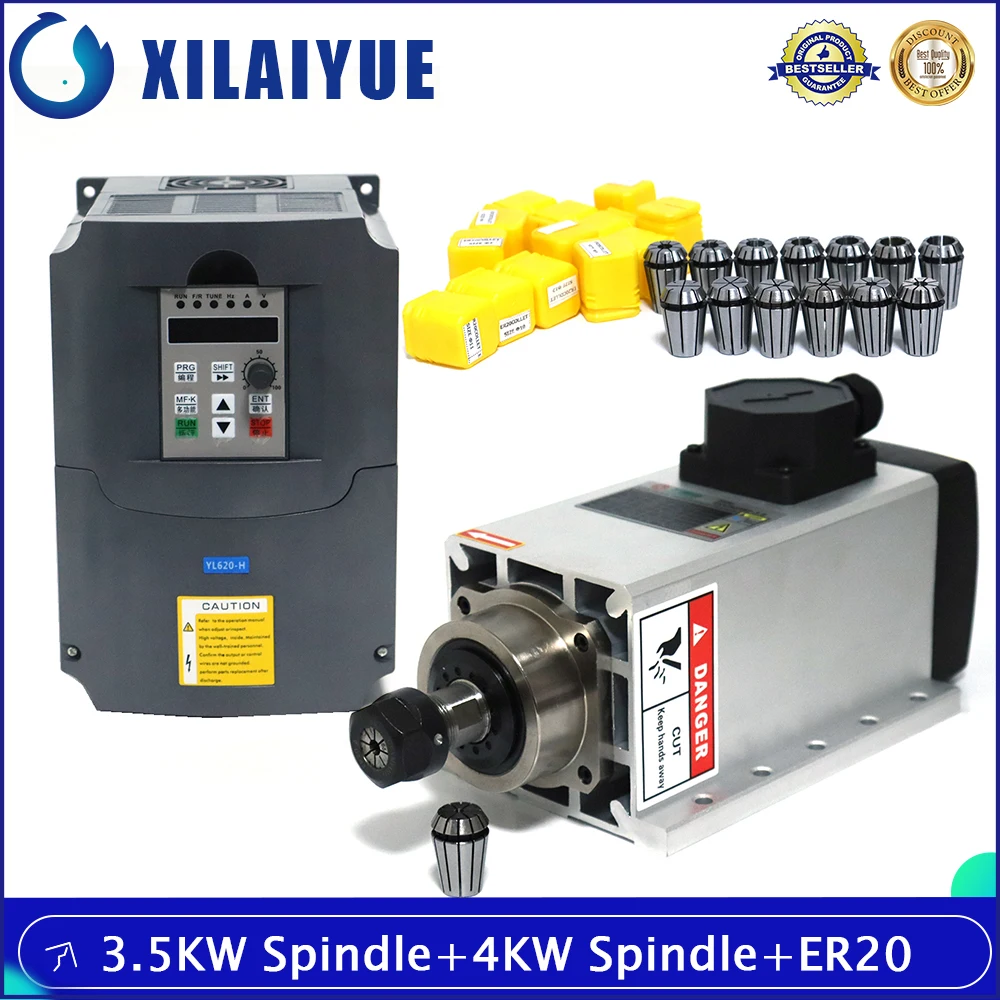 

3.5kw 220V/380V Air-cooled Square Spindle Motor Kits 3500w Air-Cooled Spindle+4KW Inverter+ER20 Collet for CNC Milling .