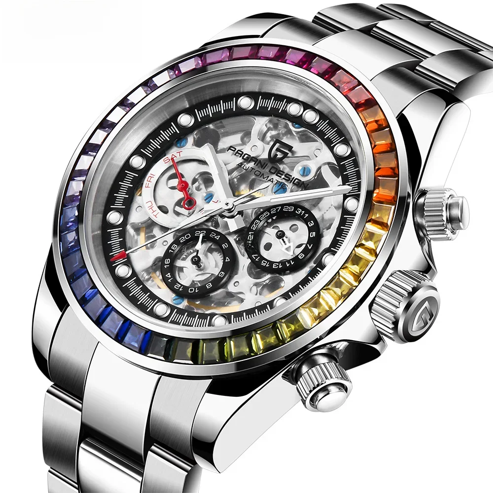 Pagani Ontwerp Mannen Automatisch Mechanisch Horloge Regenboog Regenboog Cirkel Skelet Wijzerplaat Roestvrij Staal Saffier Sporthorloges - afbeelding 2