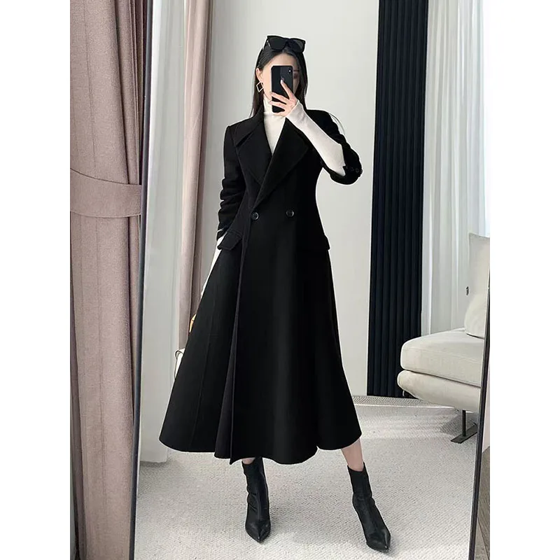 

2024 Autumn and winter new style temperament black versatile high-end feeling slim fit Hepburn phoenix medium long woolen coat f