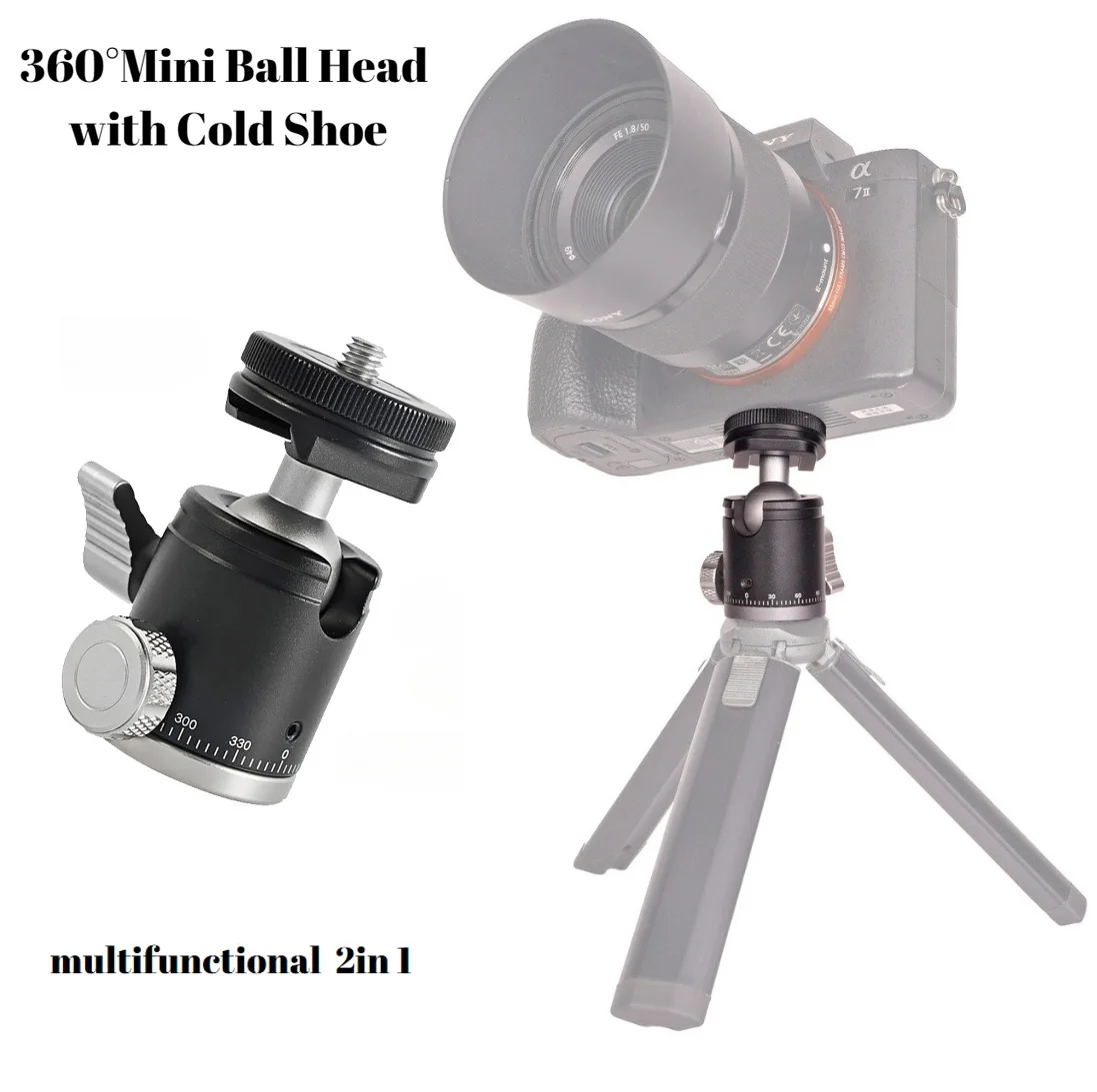 Mini Ballhead Cold Shoe 2 in1 1/4” Screw Monopod Tripod  360° Pan 90°Panoramic Base Adapter Mount for Camera Video Flash Lig