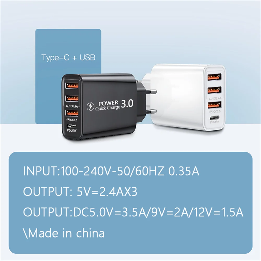 Caricatore USB da 30 W 4 porte PD Tipo C Caricatore per telefono a ricarica rapida Adattatore da muro Caricatore rapido per iPhone 15 14 Samsung Xiaomi Huawei