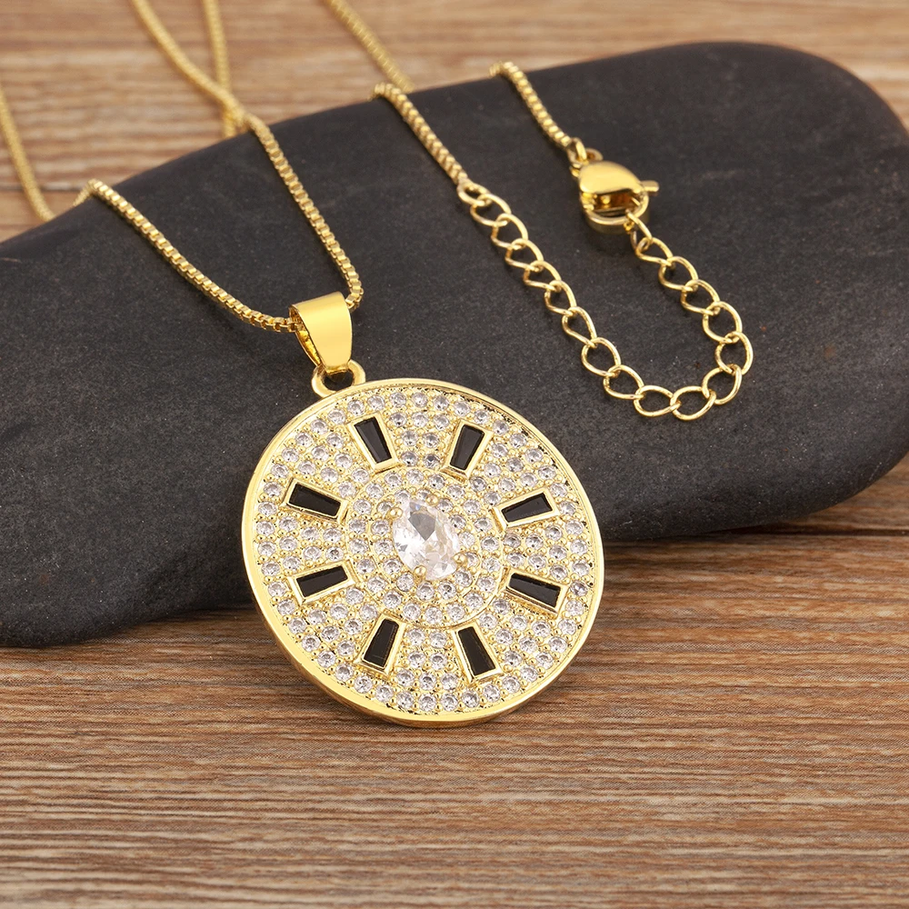 Nidin Classic Sun Shaped Circular Fashion Chain Charm Shiny Zircon Pendant Necklace For Women Jewelry Party Friend Fine Gift