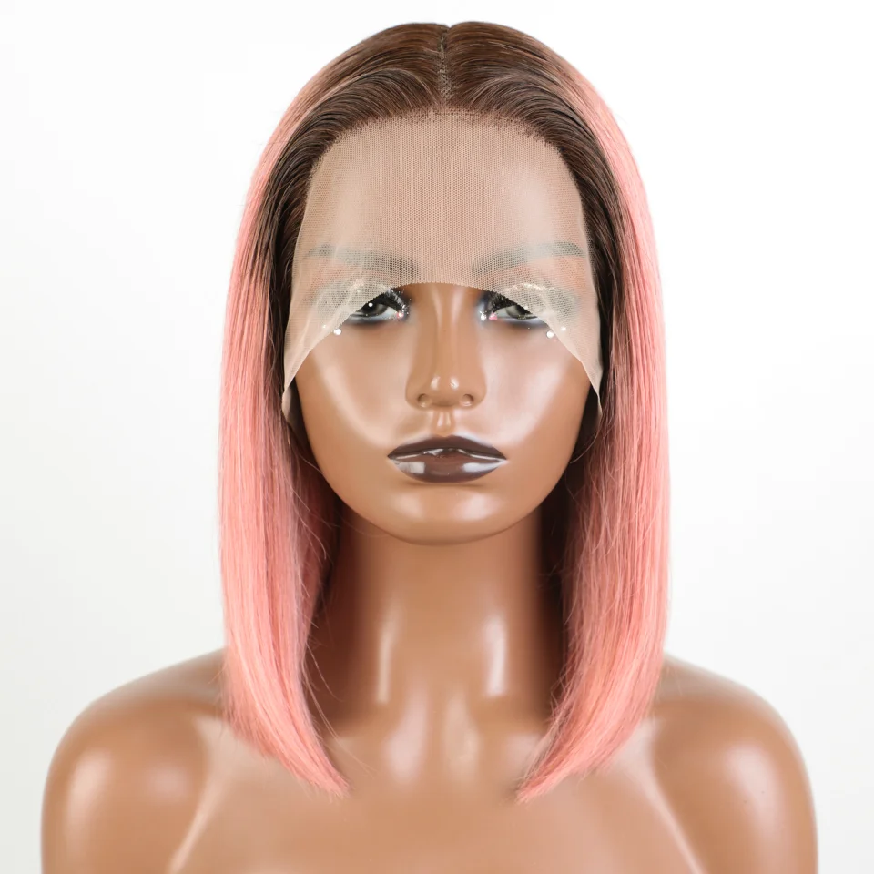 

Ombre Pink Straight Bob Wig Human Hair Lace Front Bob Wig Natrual Roots Lace Wig Ombre Pink Wig Middle T Part Short Straight Bob