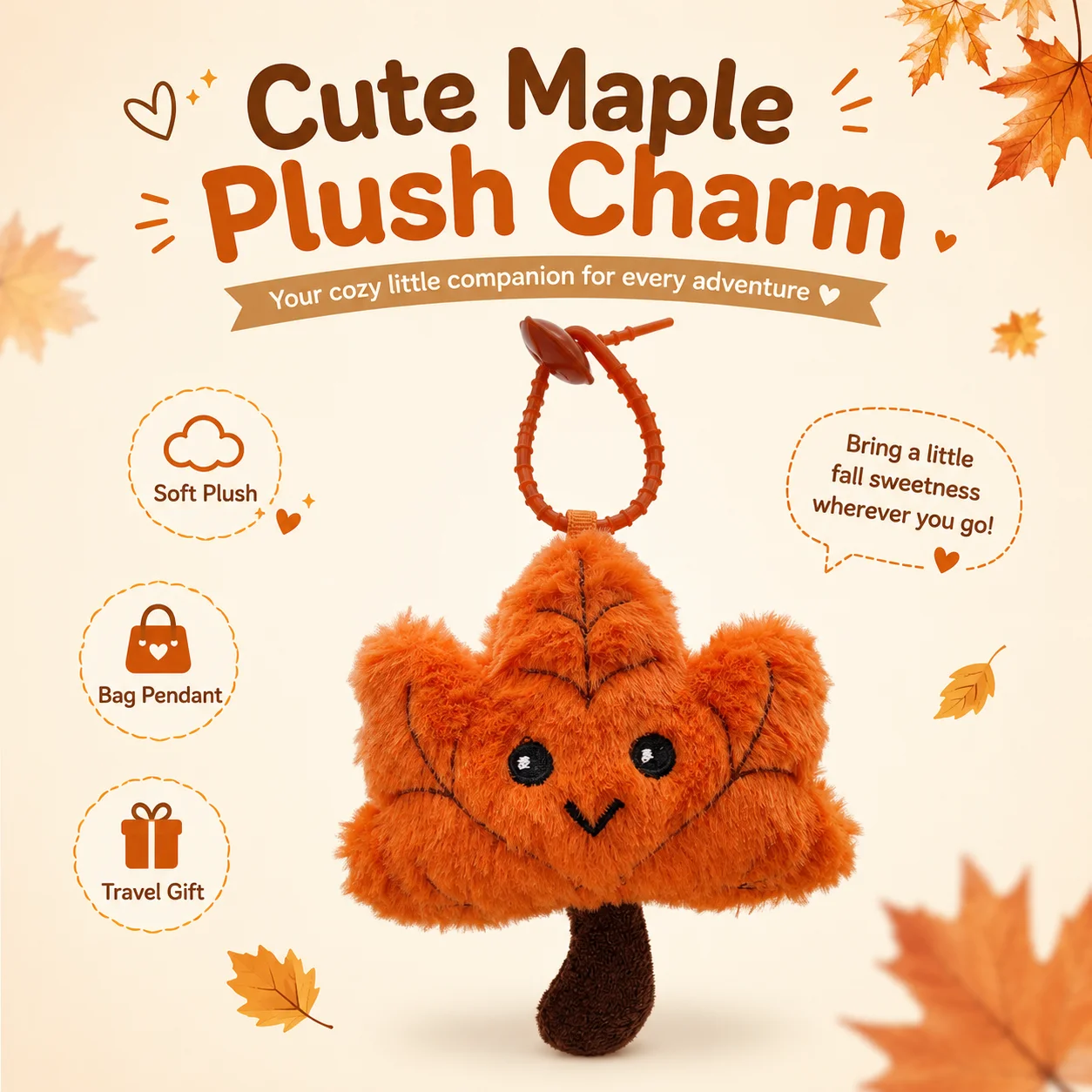 Single Pack Cute Autumn Maple Leaf Plush Keychain Four Facial Expressions Optional Soft Fluffy Fall Cartoon Bag Pendant Mini Palm Size Backpack Charm Lovely Travel Small Gift For Girls Women Seasonal Decor Accessory