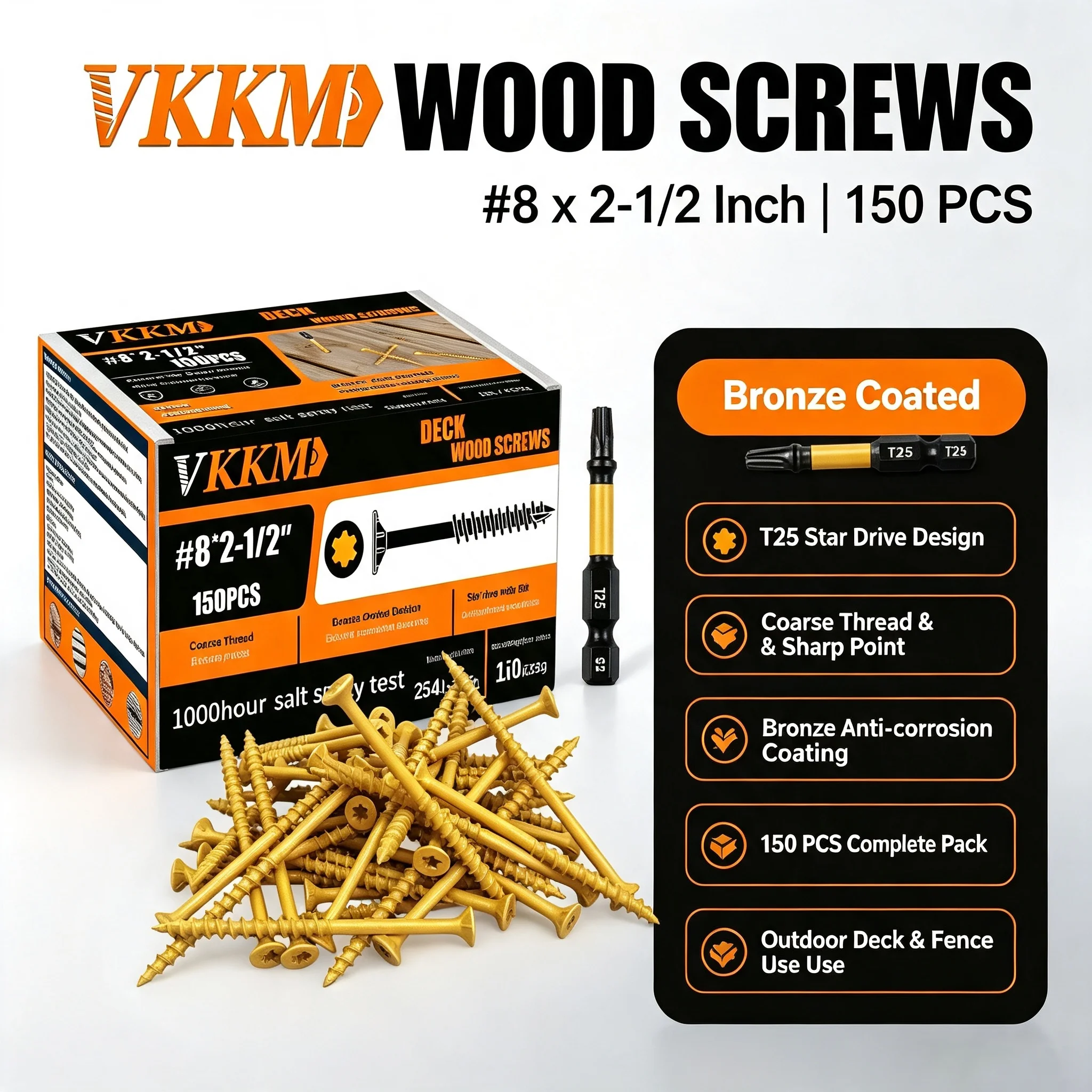 VKKM #8 x 2-1/2 Inch Yellow Bronze Coated Deck Wood Screws 150PCS T25 Star Drive Coarse Thread Self Tapping Screws with Bit, Outdoor Decking Fencing Garden Wood Construction Use