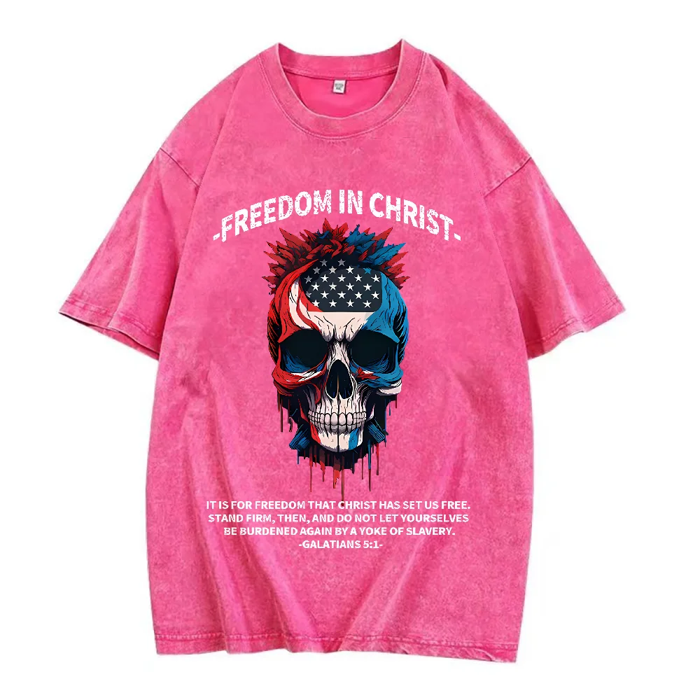 Camiseta lavada cristiana del Día de la Independencia de Freedom In Christ, camisetas informales de manga corta con cuello redondo para mujer, camisetas de gran tamaño
