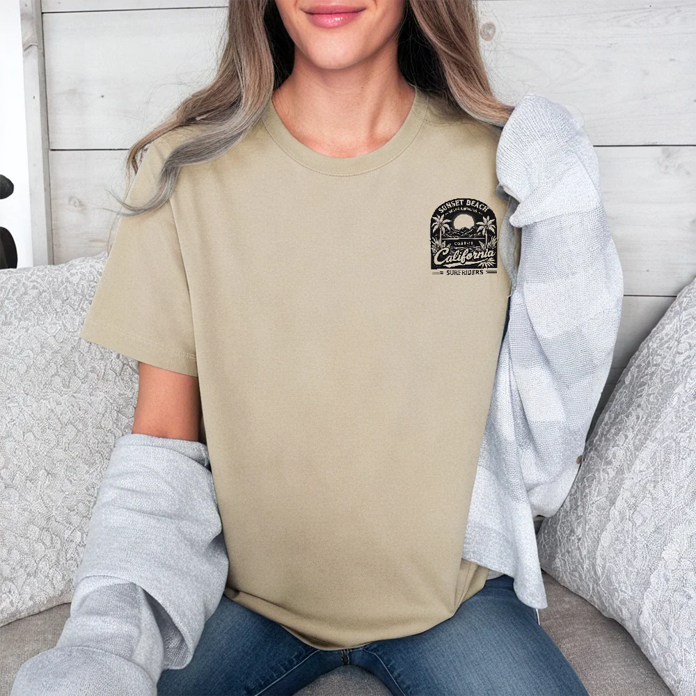 

Модная женская футболка с рисунком Y2K, закат, пляж, калифорнийский акцент, Cutecore, прибрежная атмосфера, уникальная футболка, повседневная одежда