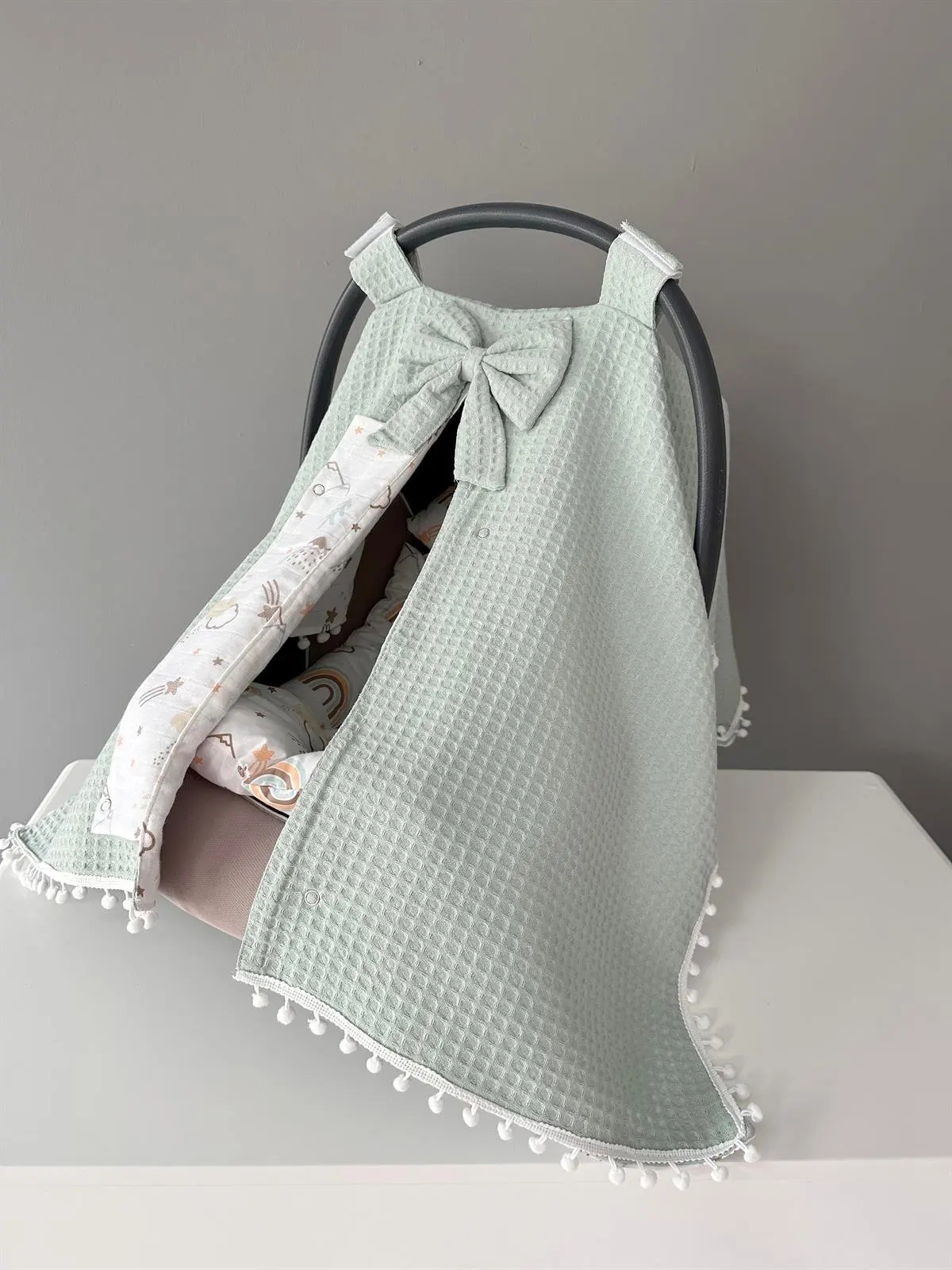 Handmade Multi-Purpose Cotton Green Pique Fabric Stroller Cover and Cushion Set