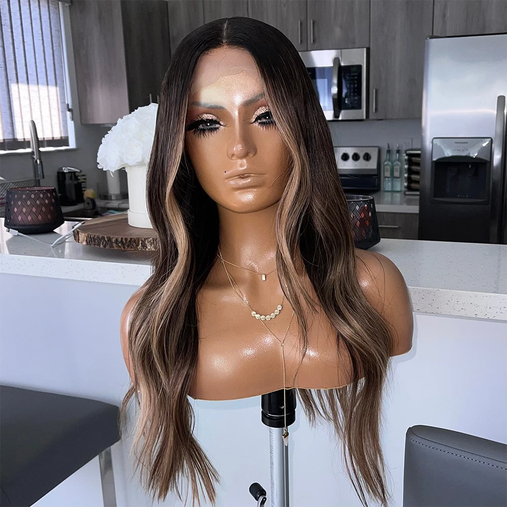 Perruque Full Lace Wig naturelle à reflets bruns, cheveux bruts, 13x6 pouces, sans colle, HD, densité 100%, légèrement ondulée, 26 pouces