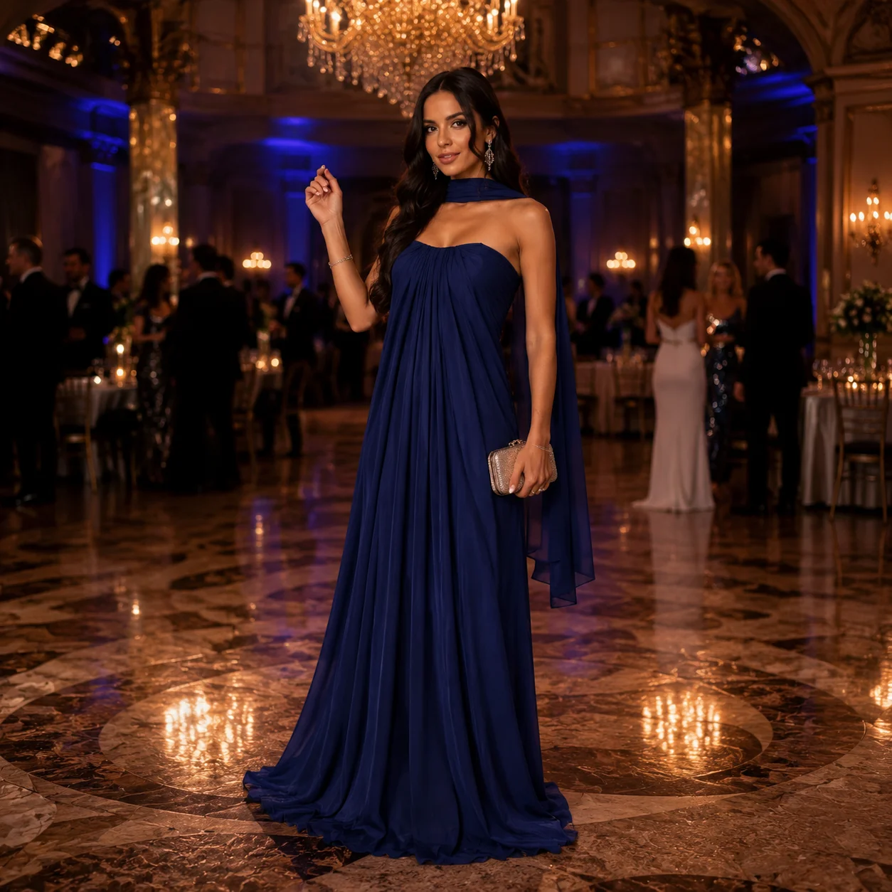 

Msikoods Customized Navy Blue Strapless Cape Prom Dress Chiffon Evening Dtrss Elegant Maxi Party Dress Formal Occasion Dress