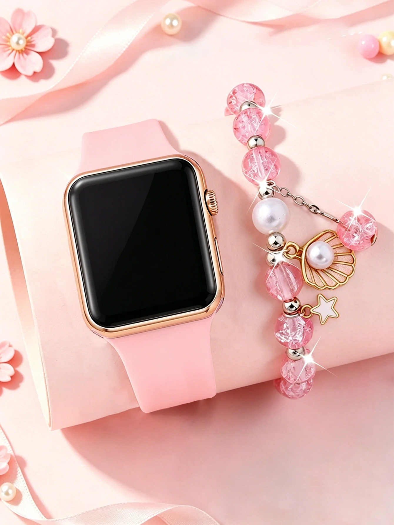 Fashionable Cute Square Simple Electronic Watch with Pink Beaded Bracelet Versatile Daily Good Gift Item