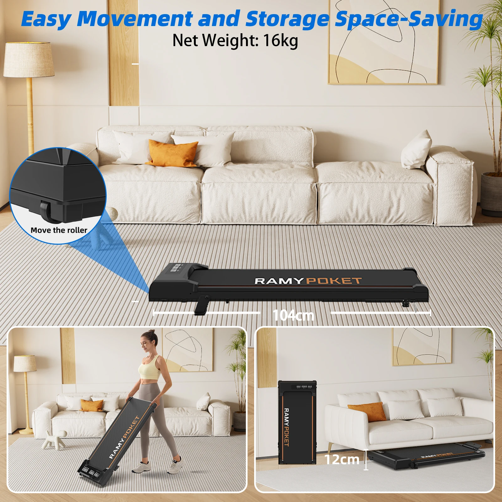 RAMYPOKET Tapis de Marche Bureau Pliable 1- 8km/h 2.5 HP Tapis de Course Inclinable 9% Charge 120 kg Triple Affichage LED APP Connected Tapis Roulant Silencieux