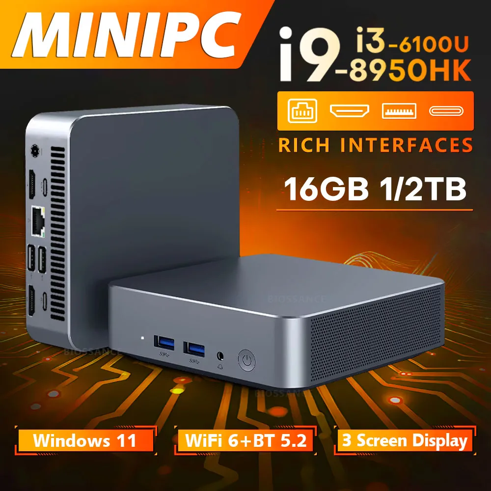Mini PC 2026 Windows 11 Pro Intel Core i9 8950HK i3 6100 Ordinateur de jeu 16 Go DDR 1 To 2 To SSD WiFi6 USB Mini PC de bureau portable
