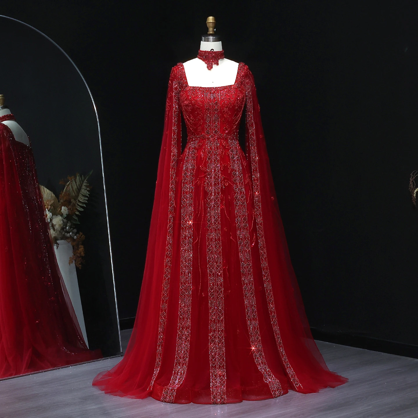 Sharon Said Elegantes Dubai Nude Arabisches Abendkleid mit Cape-Ärmeln Choker Weinrot Hochzeitsfeierkleider SS543 Maßanfertigung – Detail 31