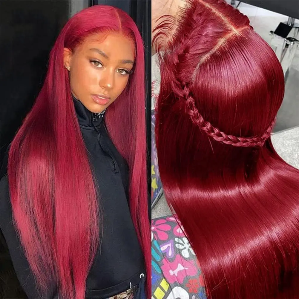 

Straight Burgundy 13X4 Transparent Frontal Wigs 99J Pre Plucked Lace Front Wigs With Baby Hair Brazilian Human Hair For Women