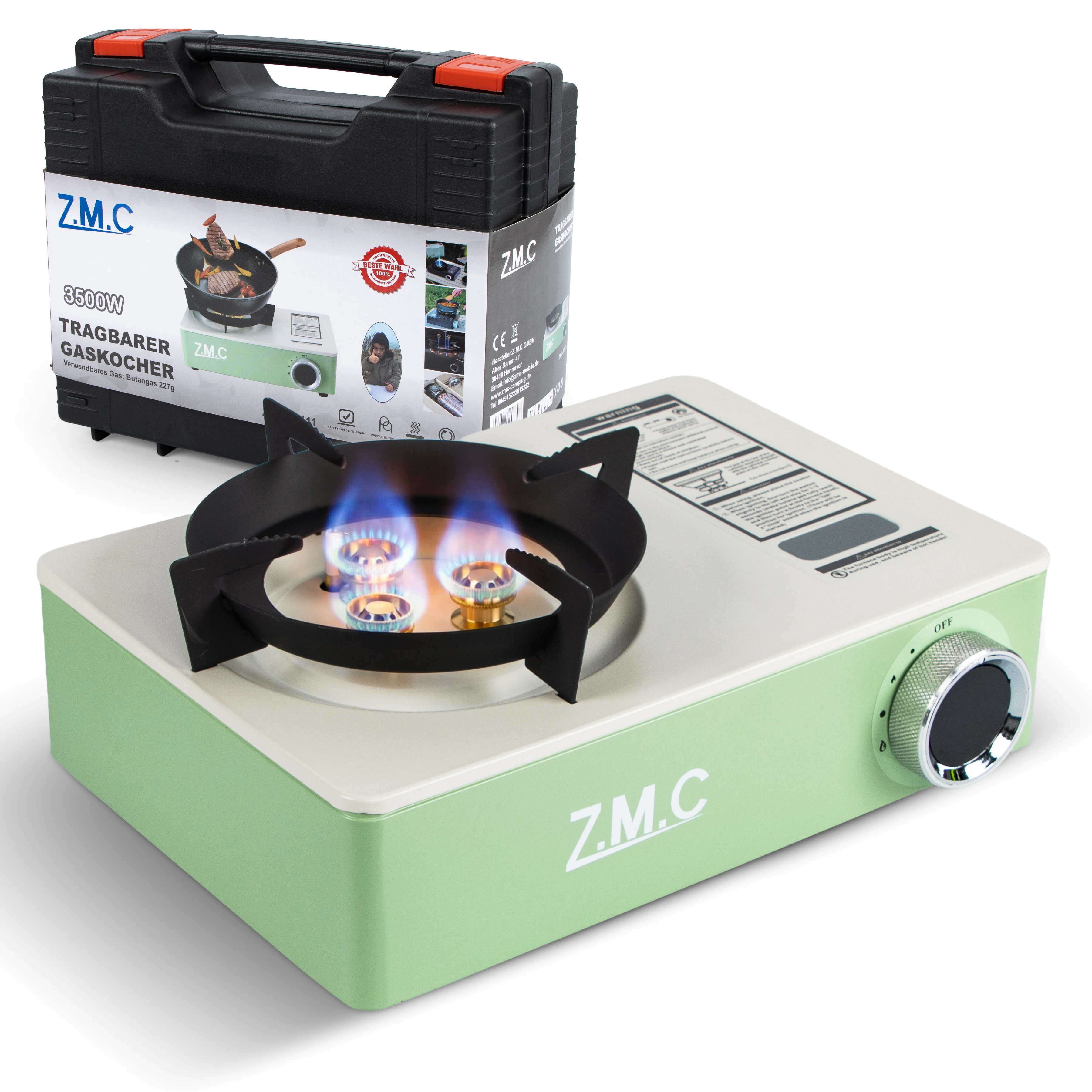 ZMC gasfornuis 3500W 1-vlam piezo-ontsteking 3-pits systeem & transportkoffer - kampeerfornuis voor 227g butaangaspatronen, selecteerbaar |   Buiten kamperen, tuin, balkon, noodvoorbereiding