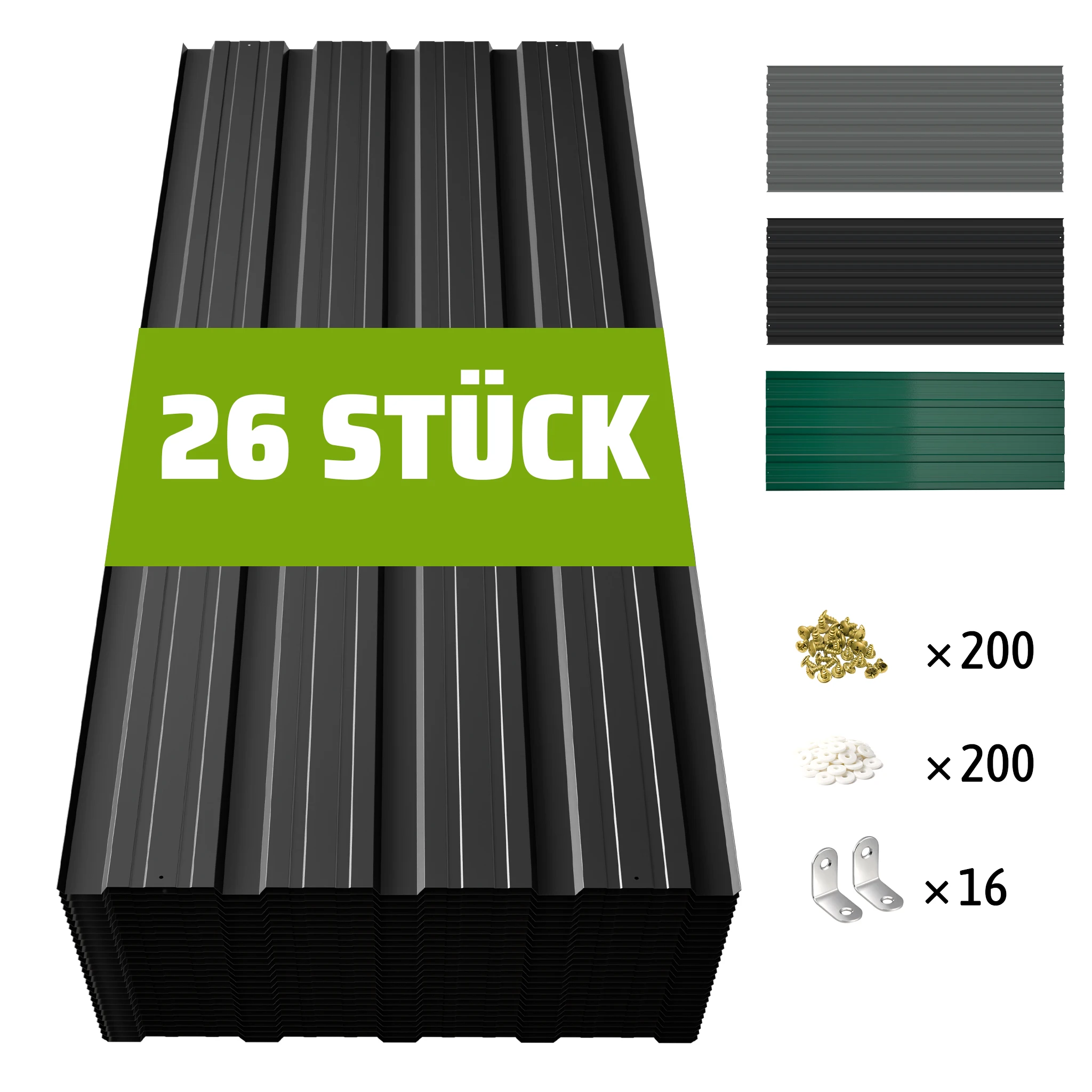 Lot de 26 Panneaux de Toit Ondulés en Acier Galvanisé Haute Résistance, 3 Couleurs Noir, Gris, Vert, Extérieur, Jardin, Abri de Jardin, Garage, Terras