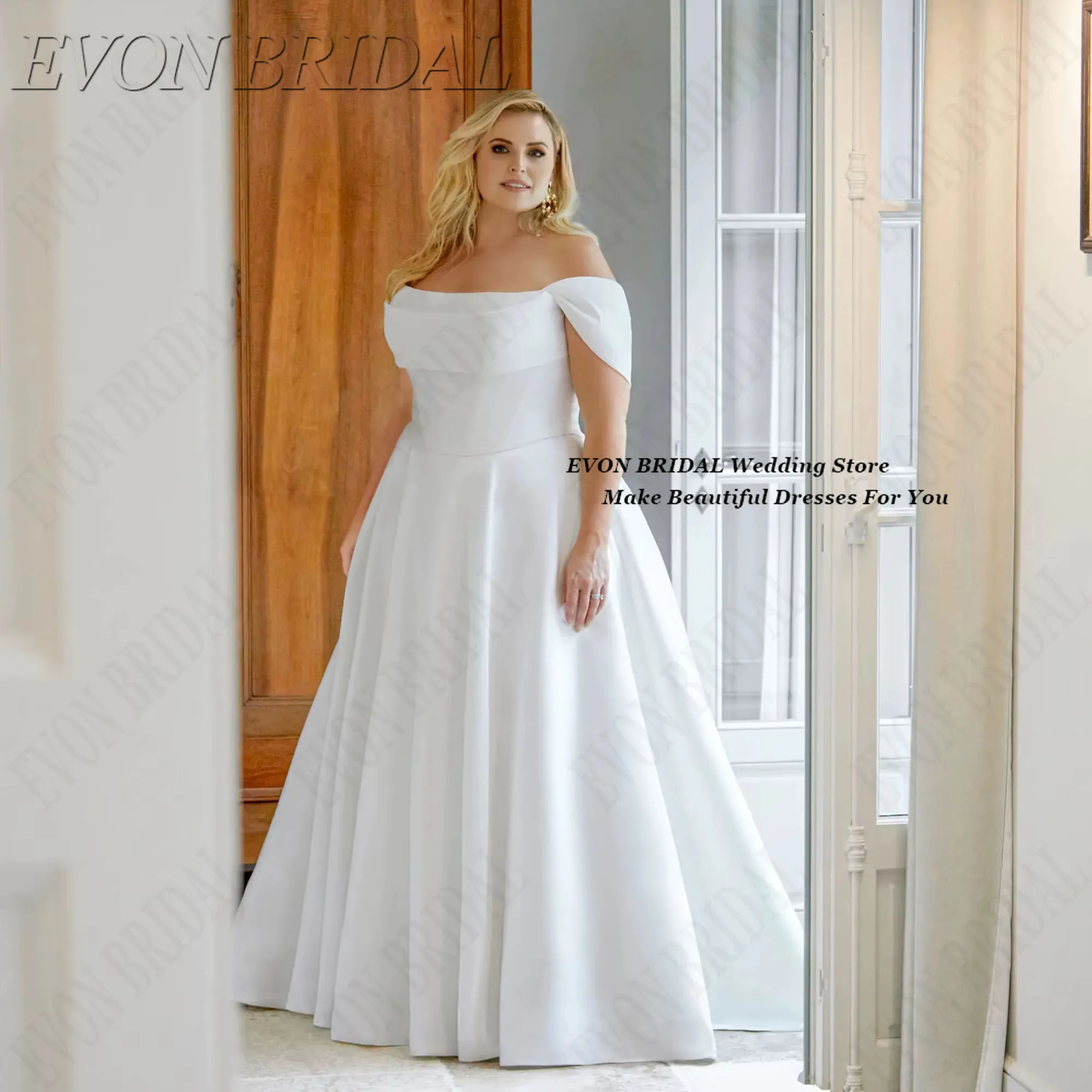

EVON BRIDAL Simple Plus Size Bridal Party Gown Backless A Line Bride Dress Classic Satin Sweep Train Wedding Gown Customized