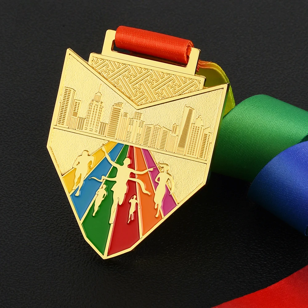 Medallas de Oro de corredor de correr, premio de trofeo con cintas para el cuello, medalla de maratón, Premio deportivo de escuela de Ciudad,