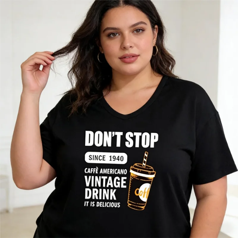 Plus size 40-150kg trendy coffee print oversized t shirt women casual loose u neck short sleeve graphic cotton summer top