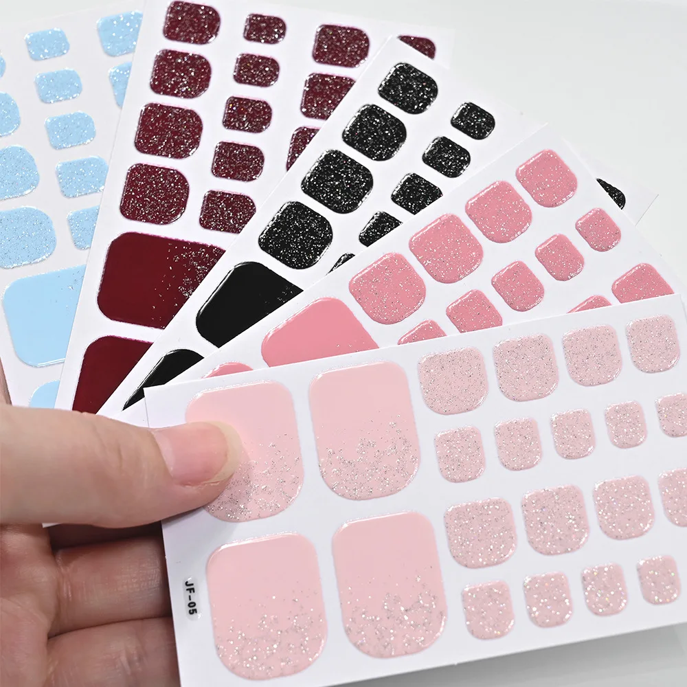 Western-style Short Square Solid-Color & Glitter Waterproof Toenail Wraps/Stickers (Set of 3)