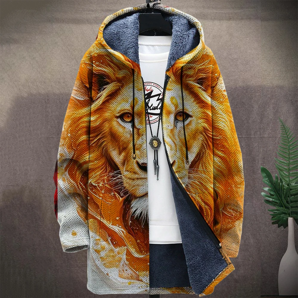 Men'S Animal Graphic Winter Lions Coat Print Pattern Knitted Sweater Cardigan Zipper Hooded With Thick Fleece For Youth