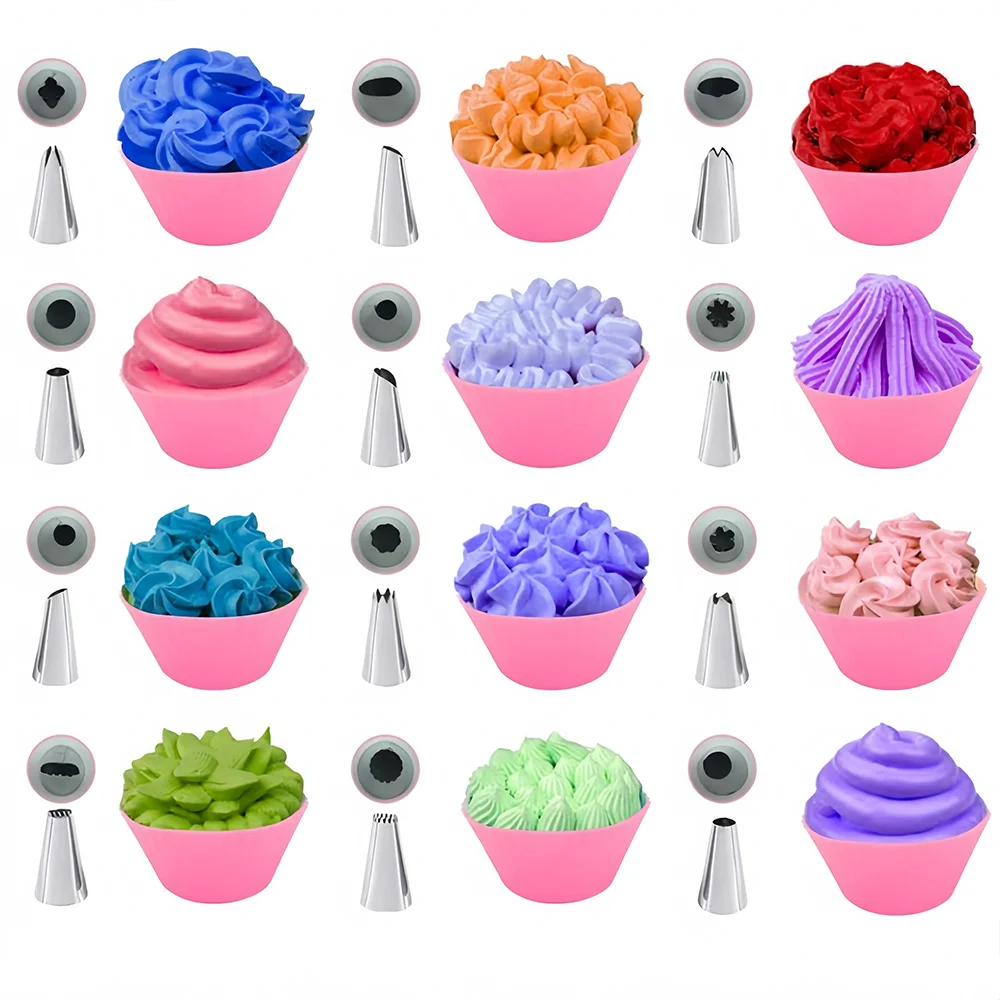 34PCS Cake Decorating Tools Set With 10 Disposable Pastry Sleeves 2 EVA Piping Bags Reusable 430 Stainless Steel Pastry Nozzles