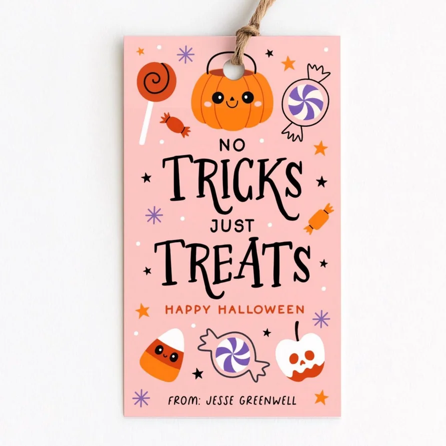50 قطعة من علامات هدايا الهالوين قابلة للطباعة، علامة حقيبة الحلوى خدعة أو علاج، قابلة للتحرير للهالوين بدون خدع فقط علامة يعامل، حفلة الهالوين #1